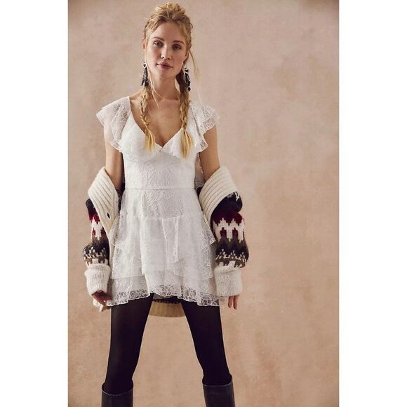 NWT FREE PEOPLE Sz 2 ALICE MINI DRESS x SAU LEE IN IVORY LACE - Picture 1 of 5